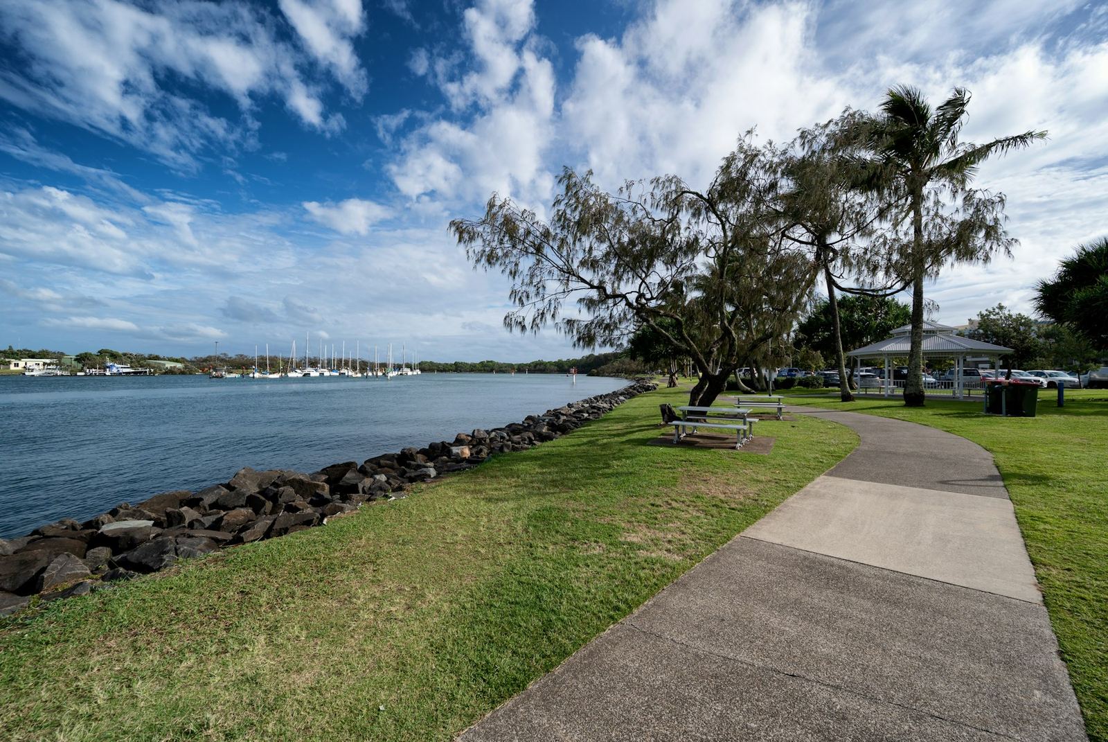A riverside path and picnic tables in Mooloolaba on the Sunshine Coast