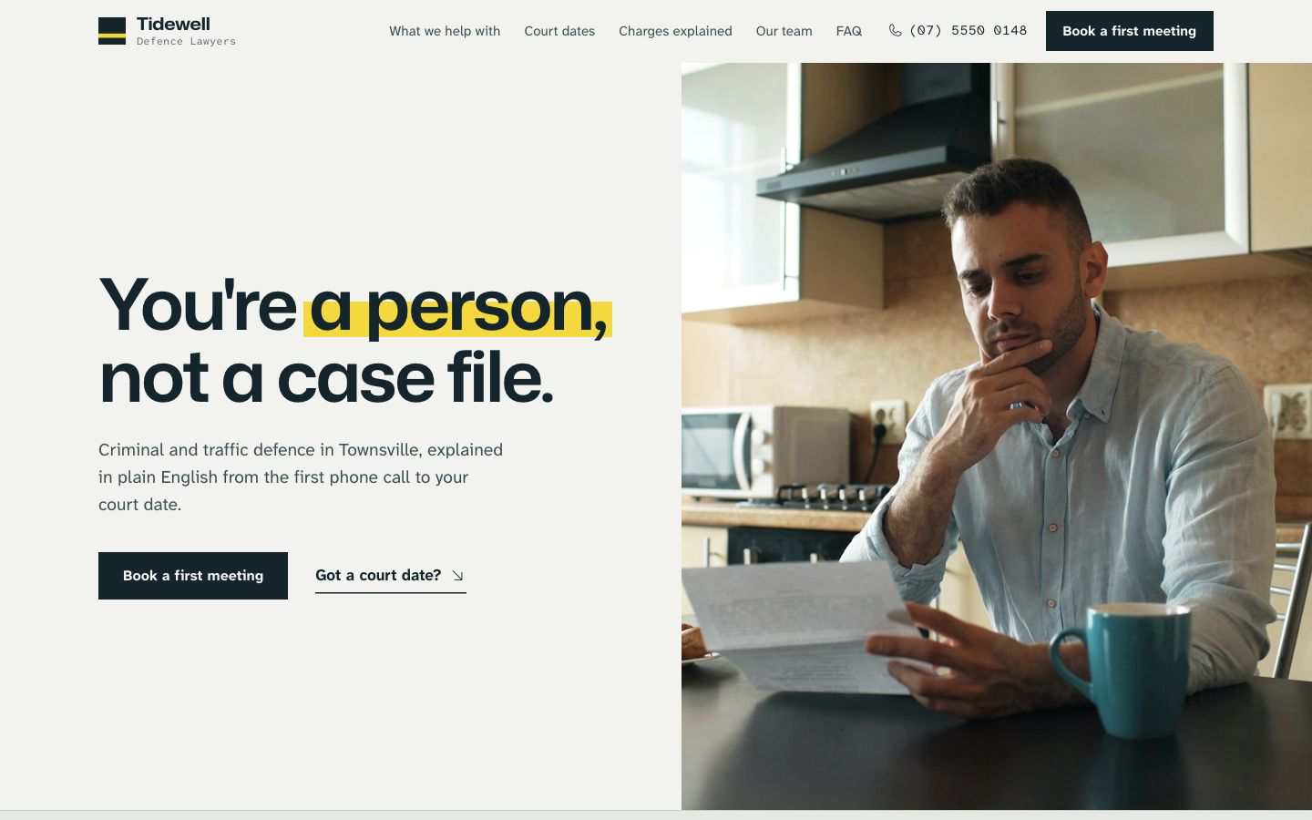 Home page of the Tidewell Defence Lawyers website design