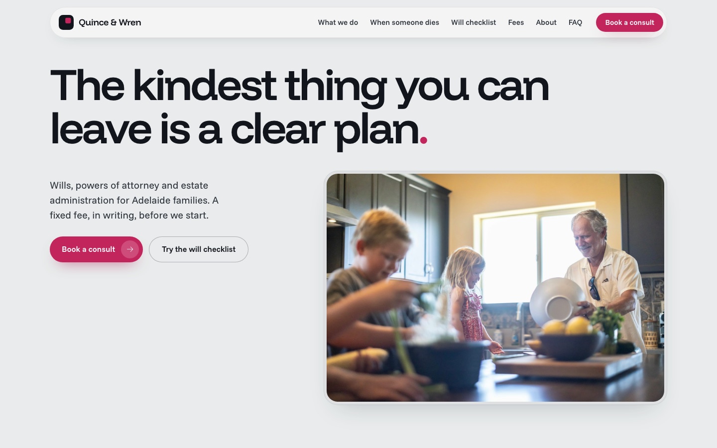 Home page of the Quince & Wren website design